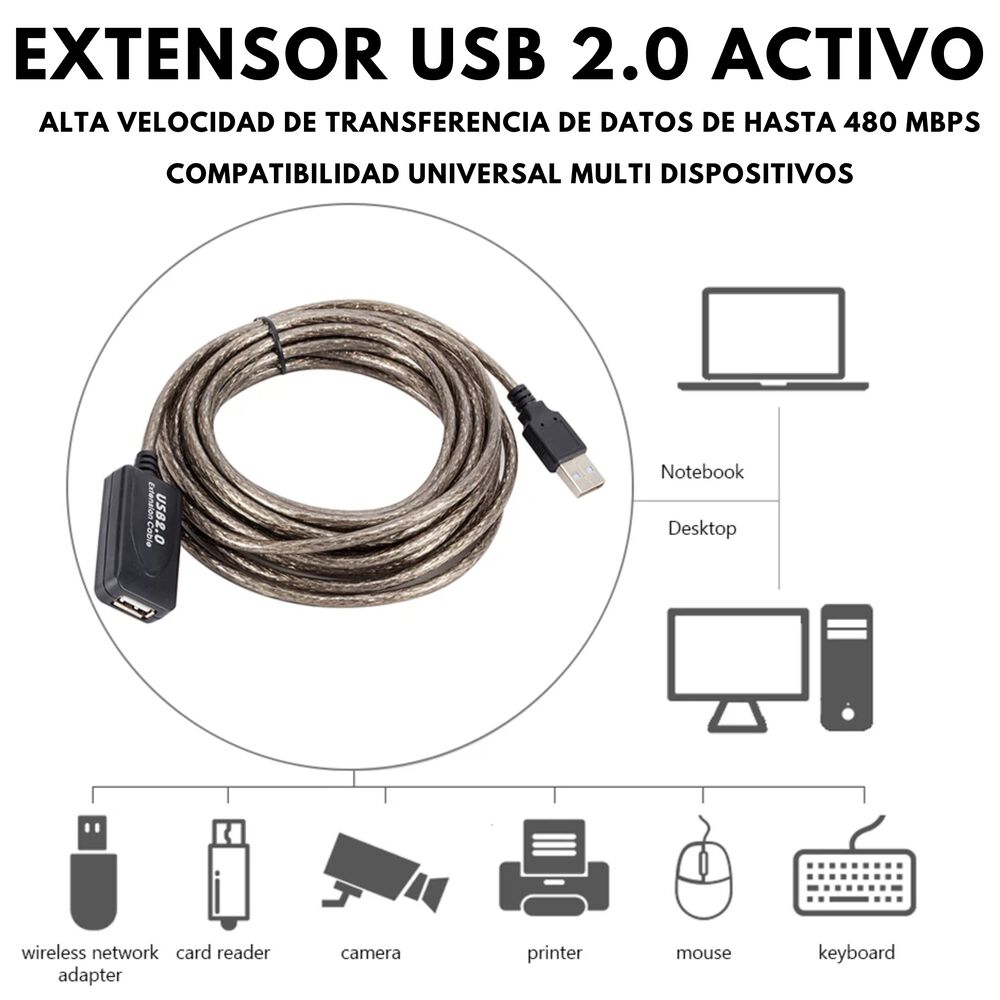 Extensión Usb 2.0 Activa De 10metros Reforzado 480mbps Gc529 image number 2.0