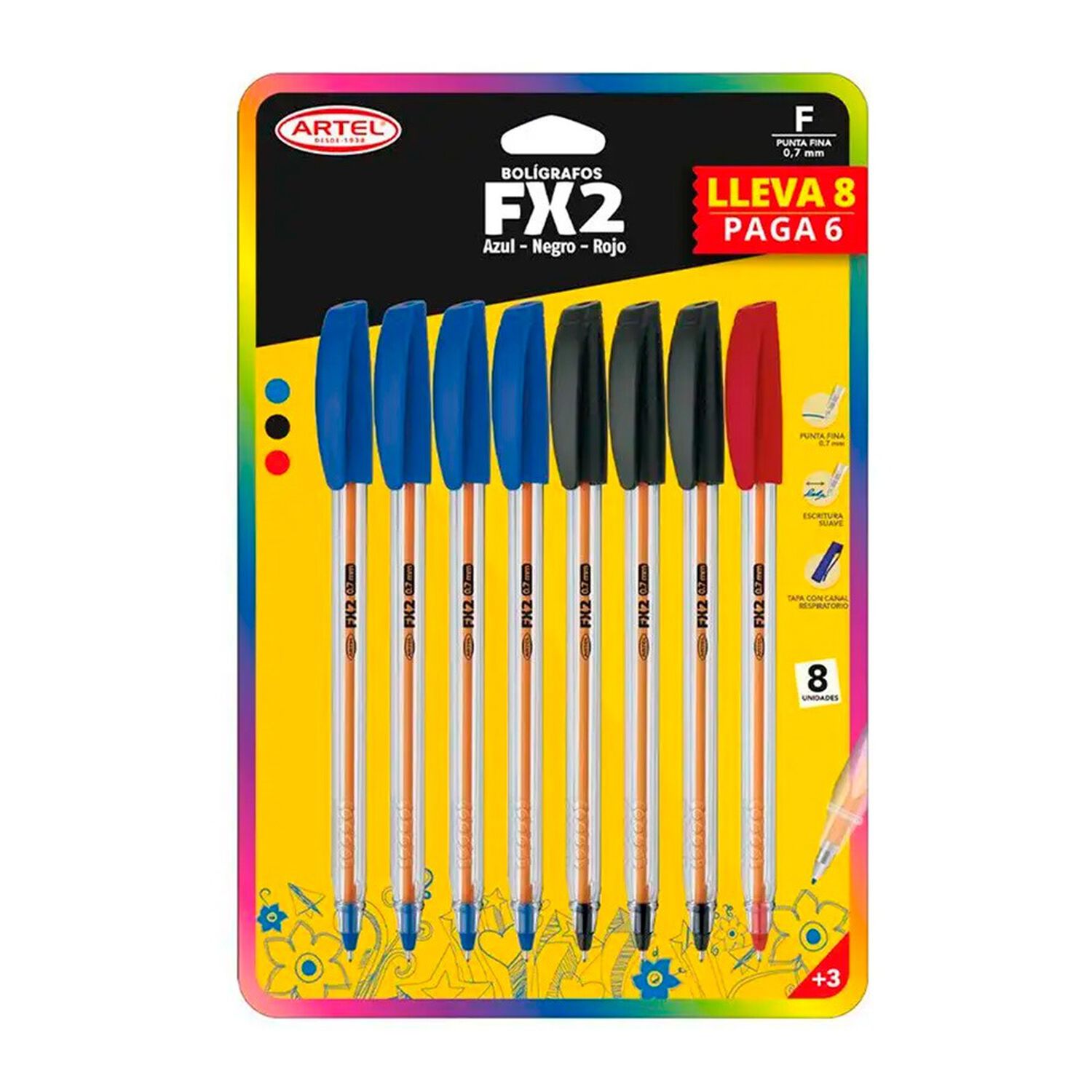 Set 8 Bol&iacute;grafos Fx2 0.7mm (azul, Rojo, Negro) Artel image number 0.0