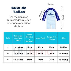 Traje De Baño Enterito Manga Larga Niño Jump Kids Azul Tiburon