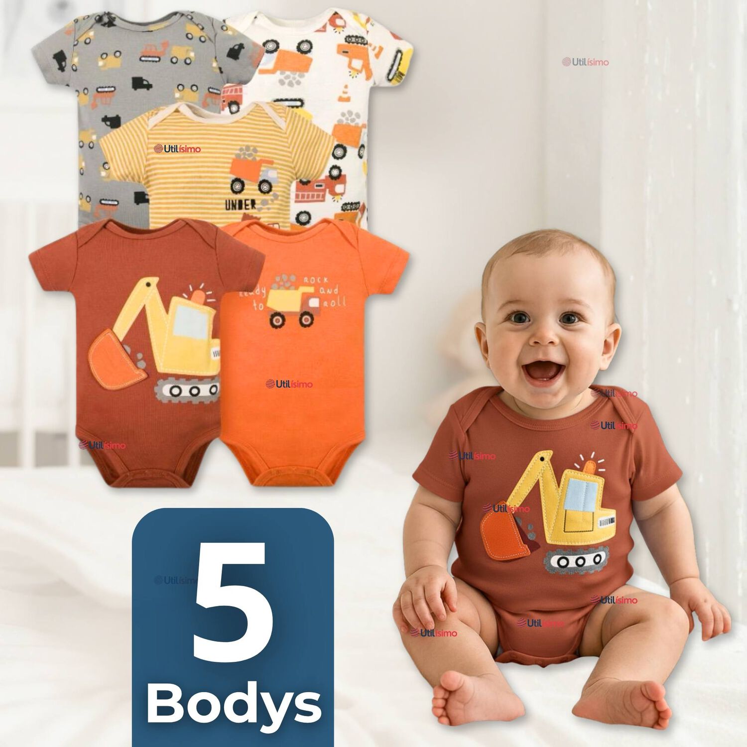 Pack 5 Bodys Ni&ntilde;o Manga Corta Tedmimak 100% Algod&oacute;n Building Adventures image number 0.0