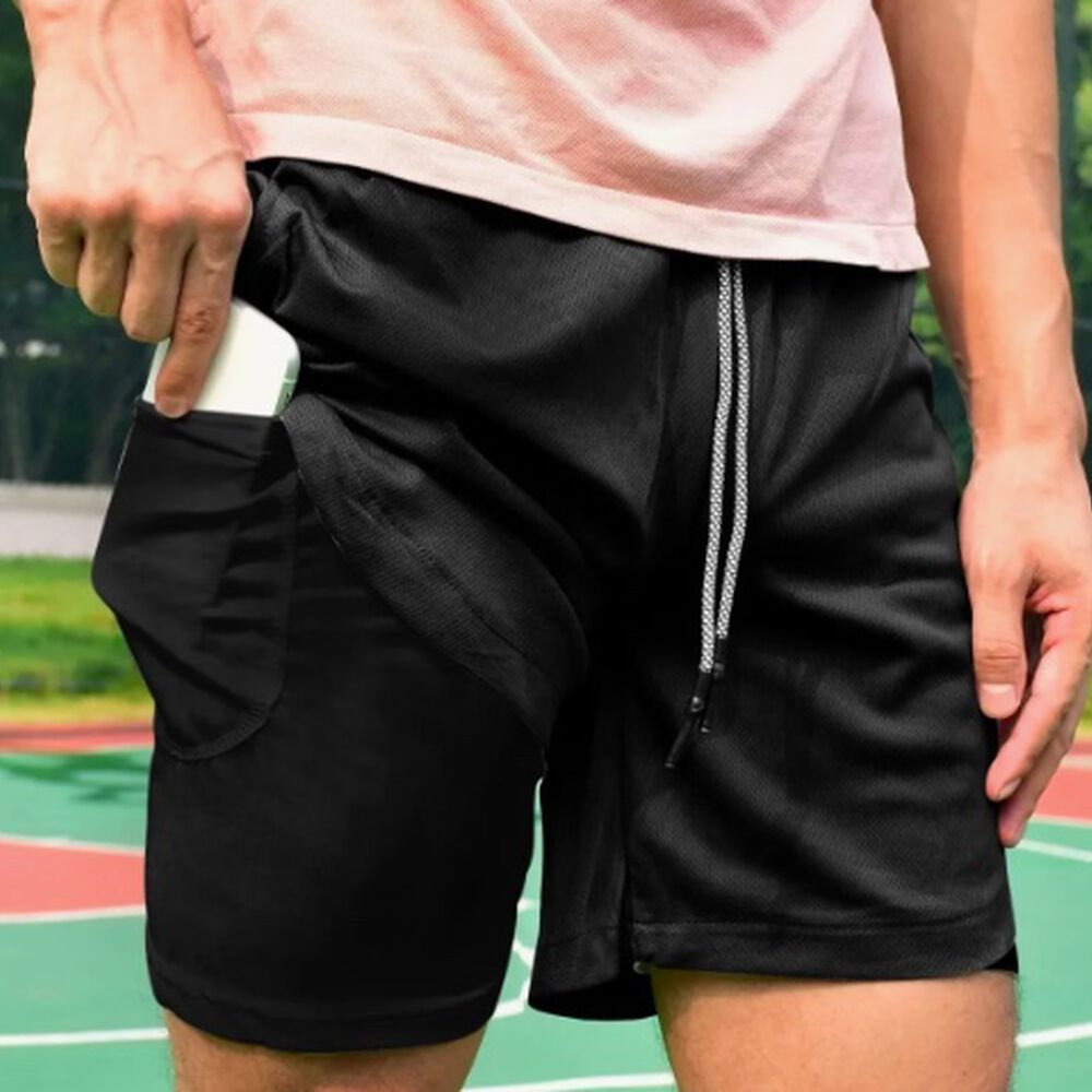 Short Gimnasio Con Licra Deportiva 2 En 1 Hombre Correr Negro L image number 4.0
