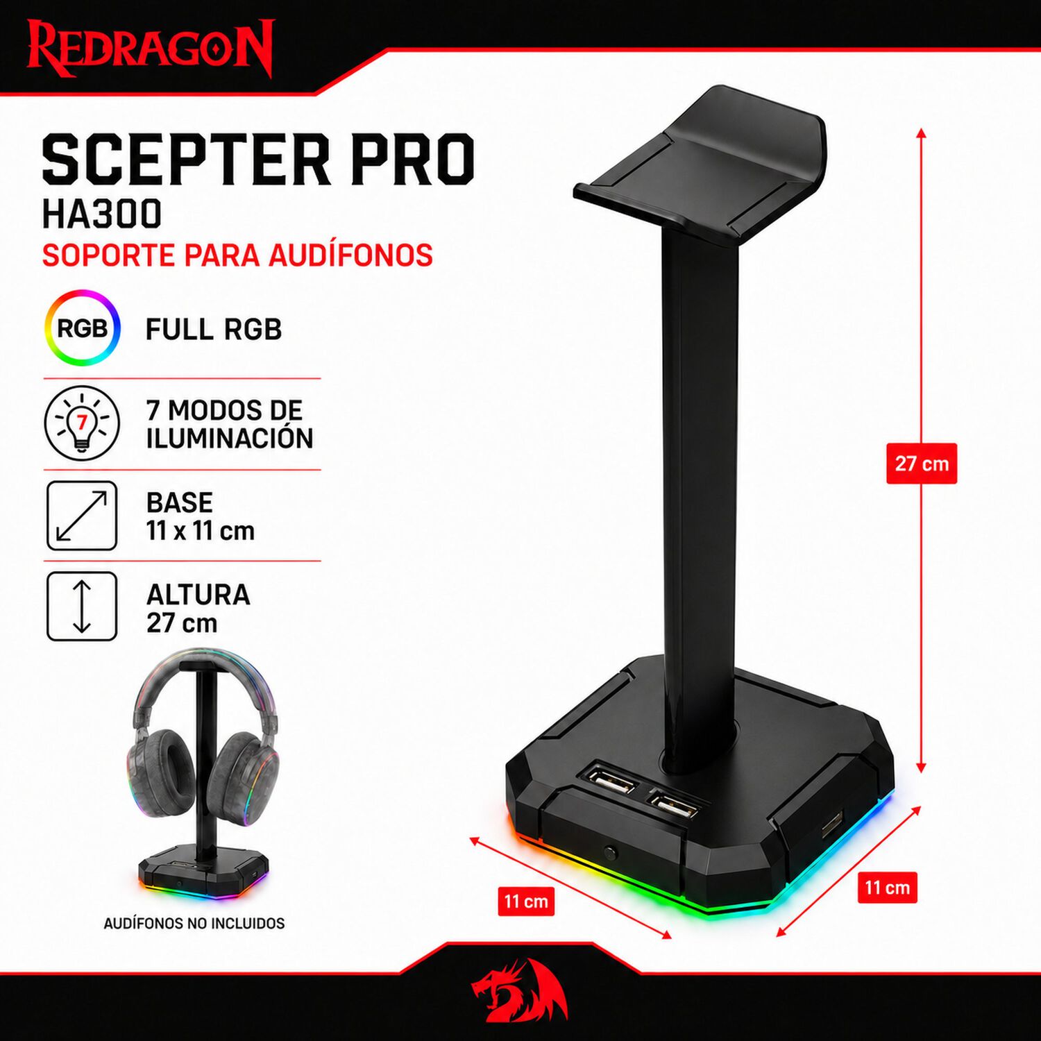 Soporte Para Aud&iacute;fonos Redragon Scepter Con Hub Usb Full Rgb image number 7.0
