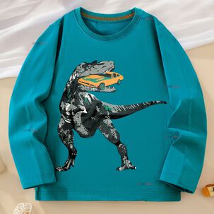 Polera Manga Larga Ni&ntilde;o 100% Algod&oacute;n Dinosaurio Verde Camiseta