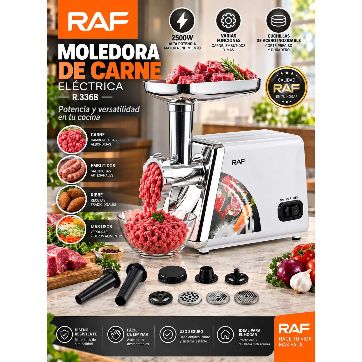 Picadora De Carne El&eacute;ctrica Raf R3368 2500w image number 6.0