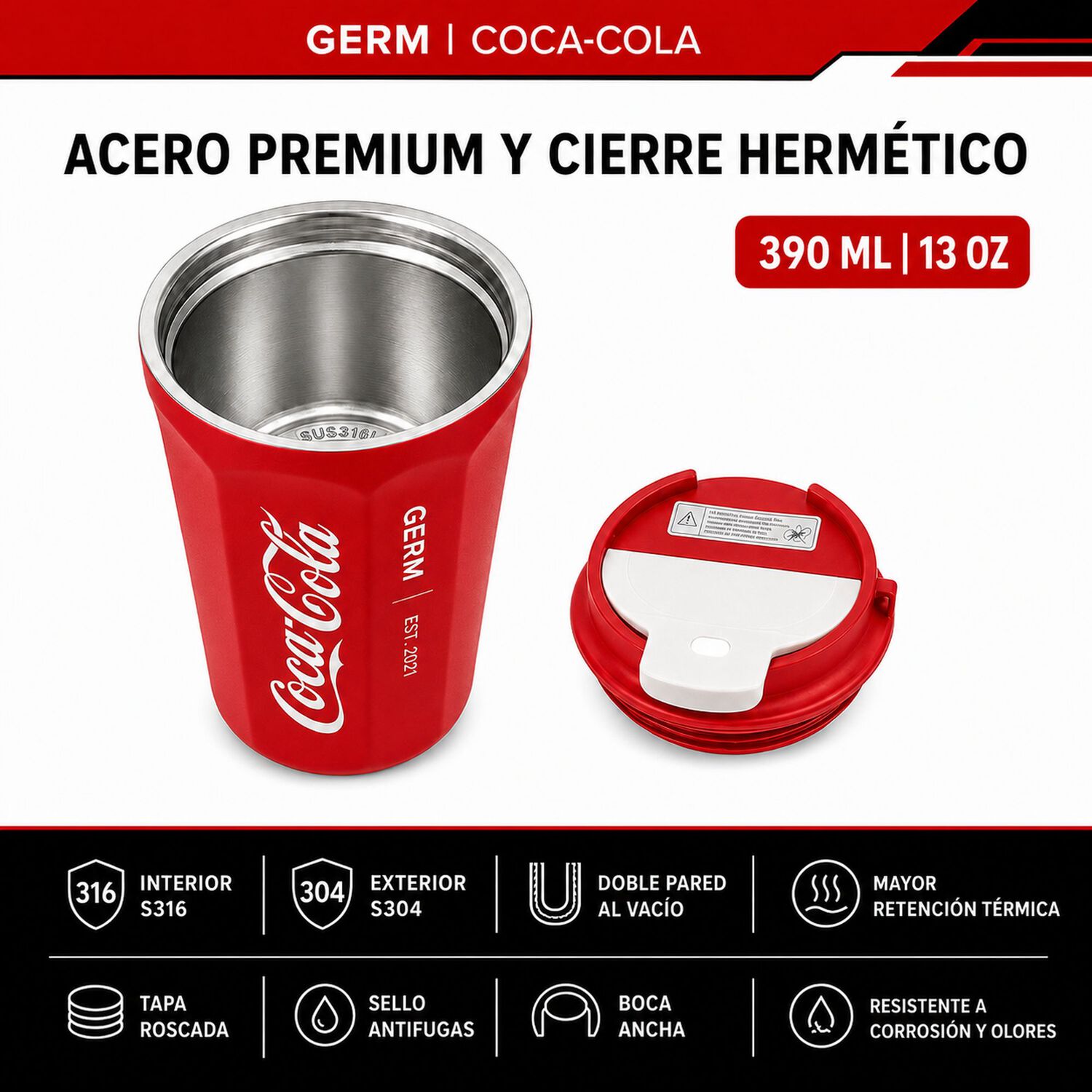 Vaso Termico Mug Germ Coca-cola Acero Inoxidable 390ml Red image number 5.0
