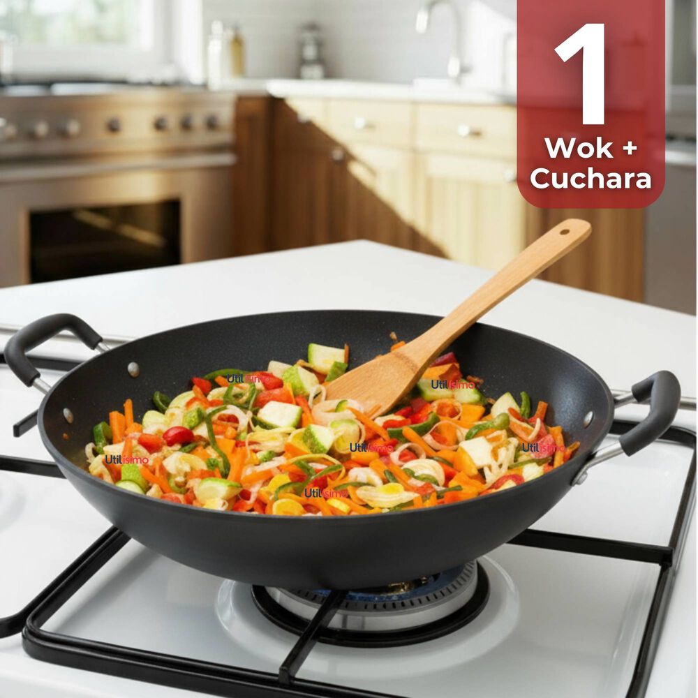 Wok Chino Acero Inoxidable Antiadherente 34cm+ Cuchara De Madera De Bambú image number 0.0