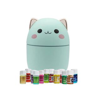 Pack Humidificador Dise&ntilde;o Gato Verde + 12 Esencias Aromaticas