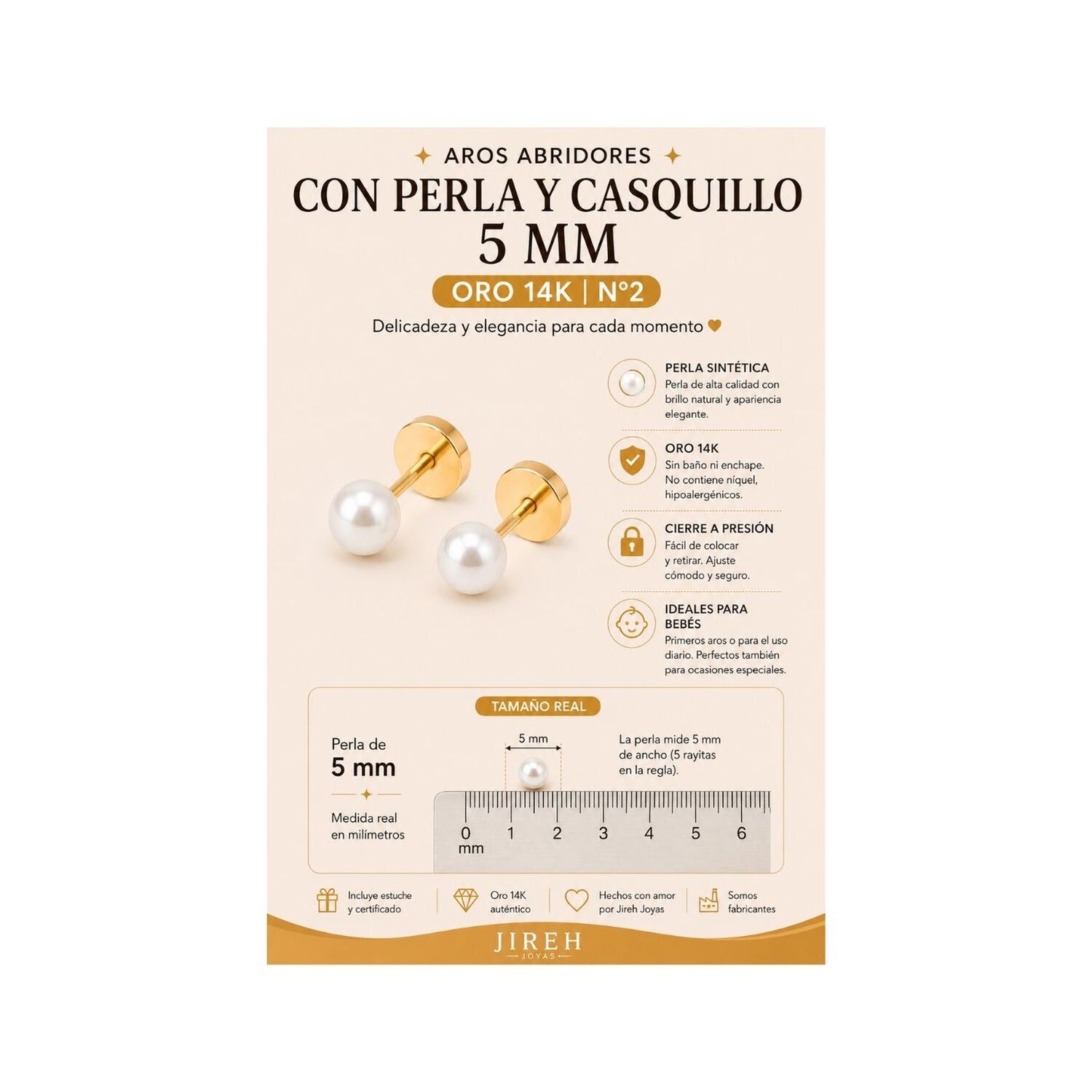 Aros Abridores Perla Casquillo 5mm N2 Oro 14k Beb&eacute; Dorado image number 5.0