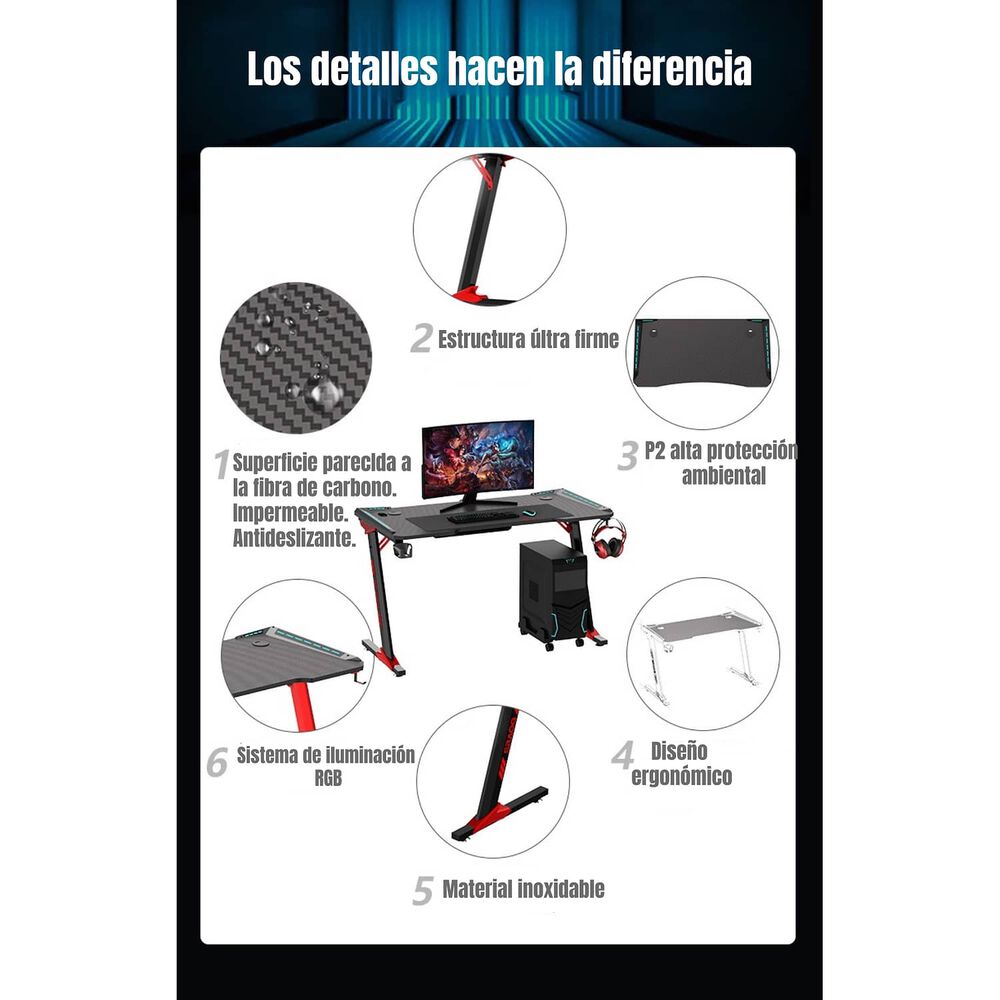 Escritorio Gamer 120x60x73cm Con Luces Negro Lubabycas image number 3.0