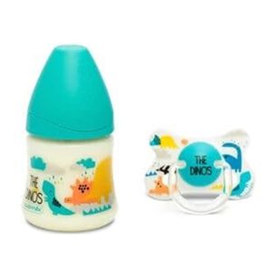 Pack Mamadera Silicona Dino Celeste 150ml + Chupete +4-18m Dino