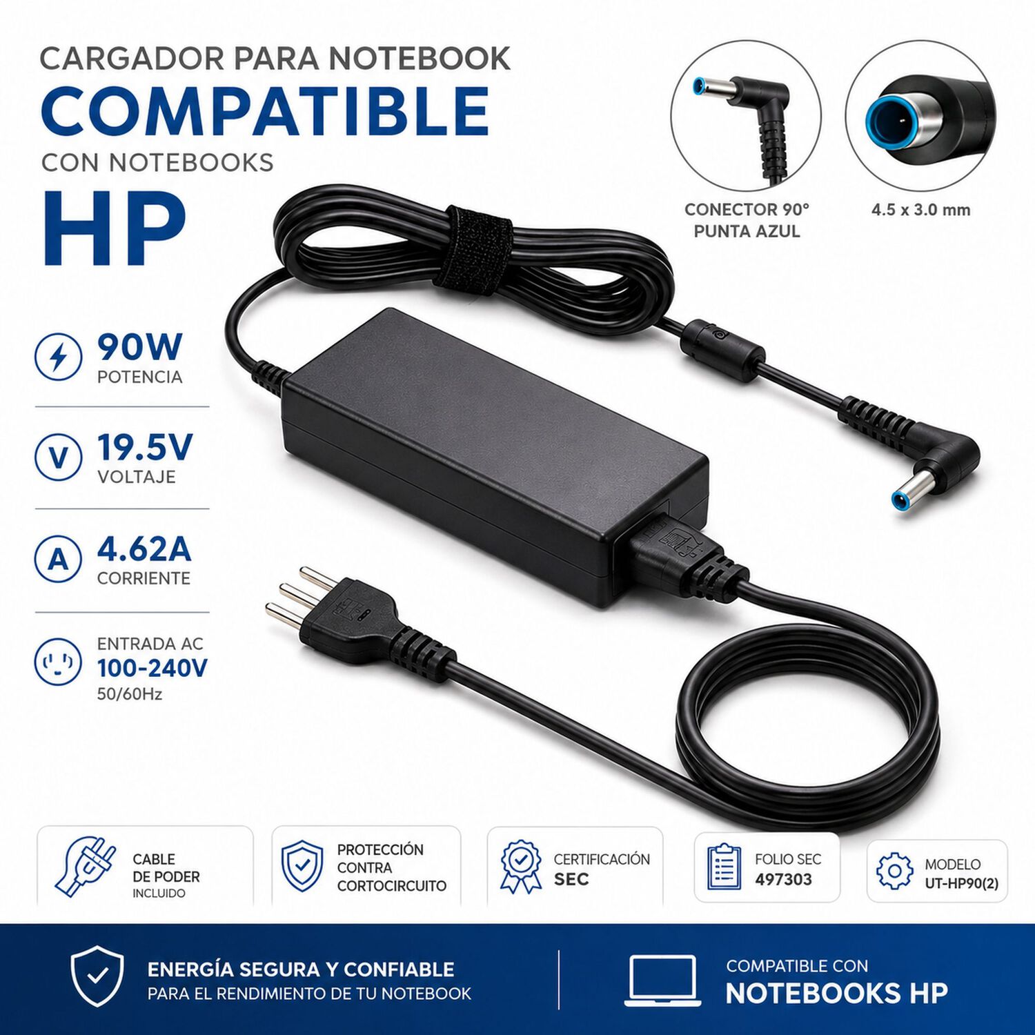Cargador Notebook Para Hp 19.5v 4.62a P.azul 4.5*3mm 90w Sec image number 4.0
