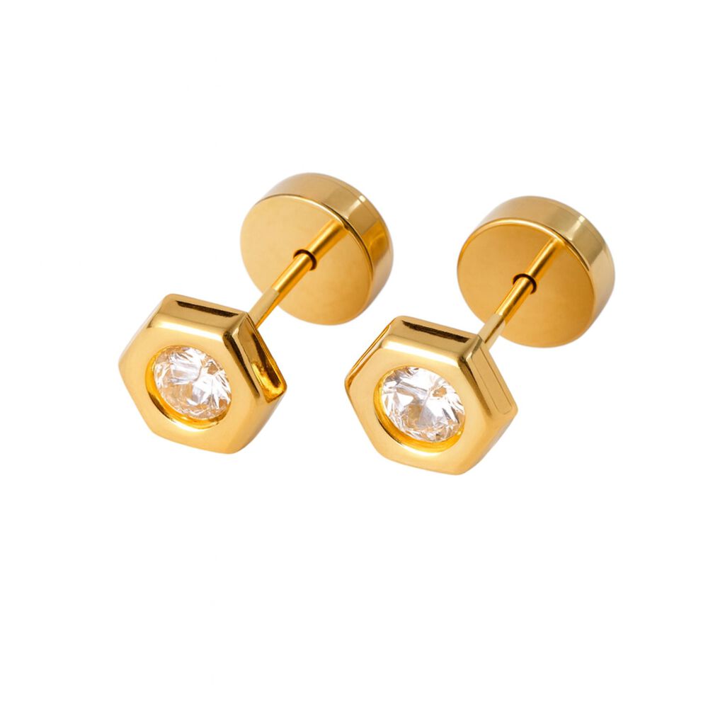 Aros Abridores Hex&aacute;gonal 6 Mm Oro 18k Con Circ&oacute;n Blanco Y Tope A Presi&oacute;n image number 0.0
