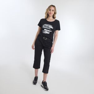Polera Lisa Con Estampado Frontal Manga Corta Cuello Redondo Mujer Geeps