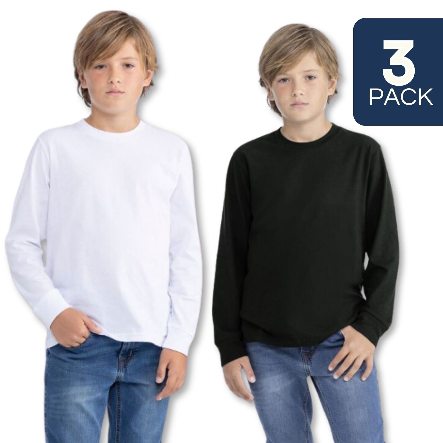 Pack 3 Camisetas Algod&oacute;n Primera Capa Ni&ntilde;o Manga Larga Blanco Negro image number 0.0