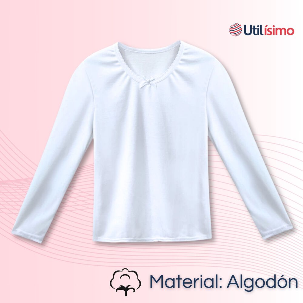 Camiseta Algodón Manga Larga Polera Niña Primera Capa Cuello Redondo Blanca image number 3.0