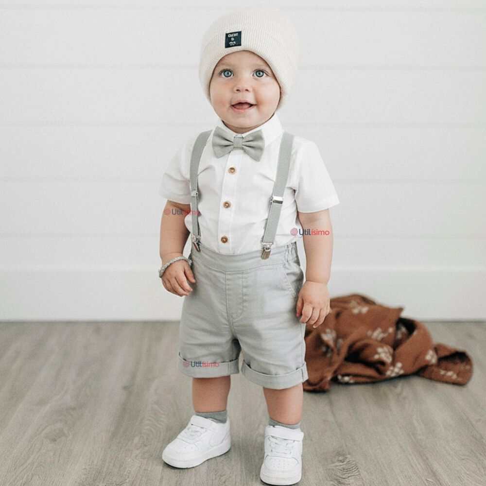 Conjunto De Vestir Con Tirantes Camisa Pantal&oacute;n Corto Algod&oacute;n Beb&eacute; Gris image number 0.0