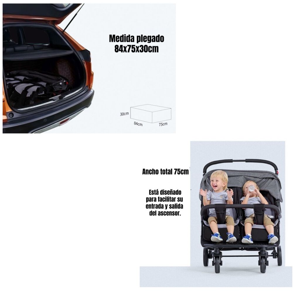 Coche Doble Reclinable 4 A&ntilde;os Seebaby Gris Lubabycas image number 2.0