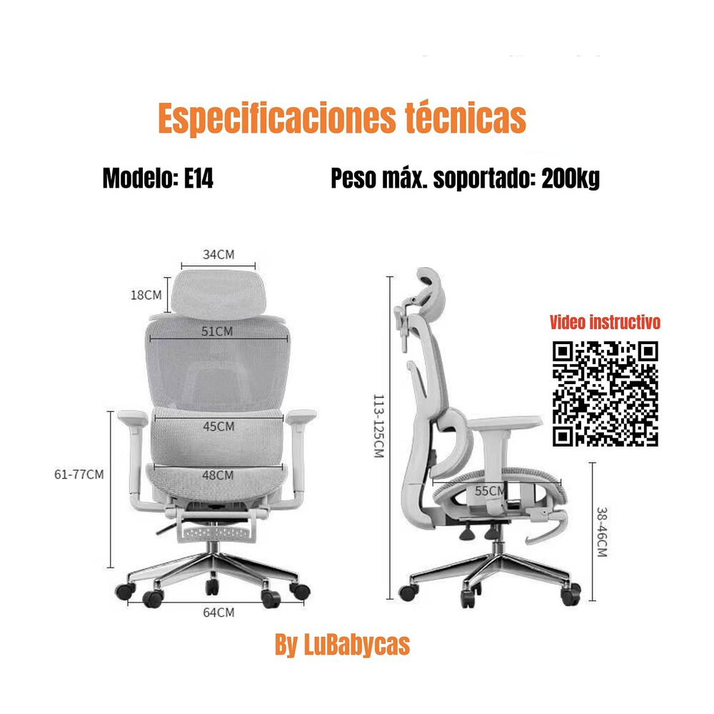 Silla De Escritorio Reclinable E14 Gris By Lubabycas image number 3.0