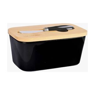 Mantequillero Cer&aacute;mica Tapa Bamboo + Cuchillo 600 Ml Negro