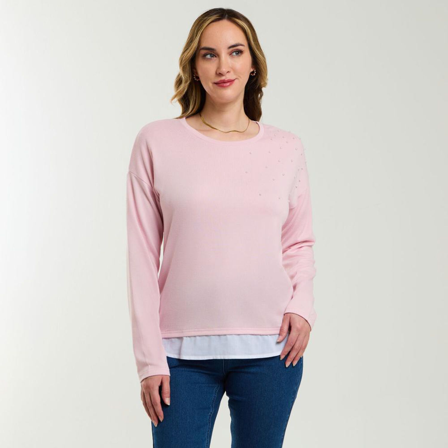 Sweater Liso Aplicaci&oacute;n Strass Manga Larga Cuello Redondo Mujer Geeps image number 0.0
