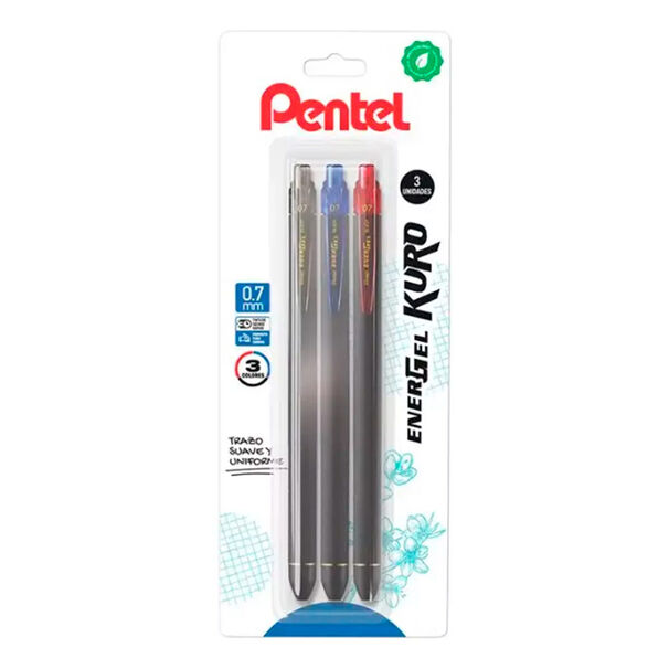 Set 3 Bol&iacute;grafos Gel Retr&aacute;ctil Kuro 0.7mm (azul, Negro, Rojo) Pentel
