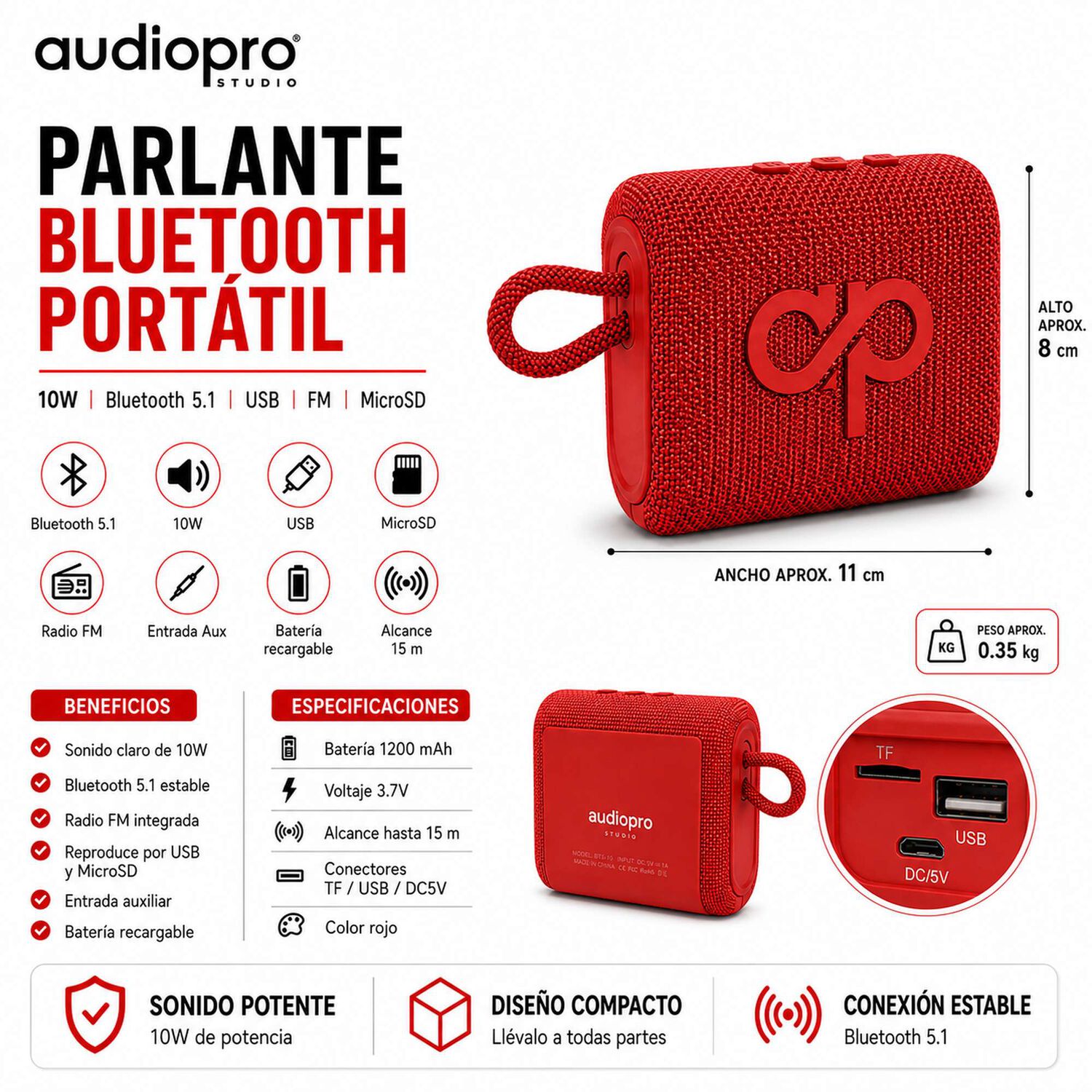 Parlante Port&aacute;til Bluetooth Sound Go 10w Usb-fm-microsd Rojo image number 7.0