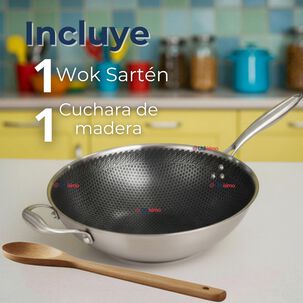 Sartén Wok Acero Inoxidable Antiadherente 34cm +cuchara De Madera Bambú