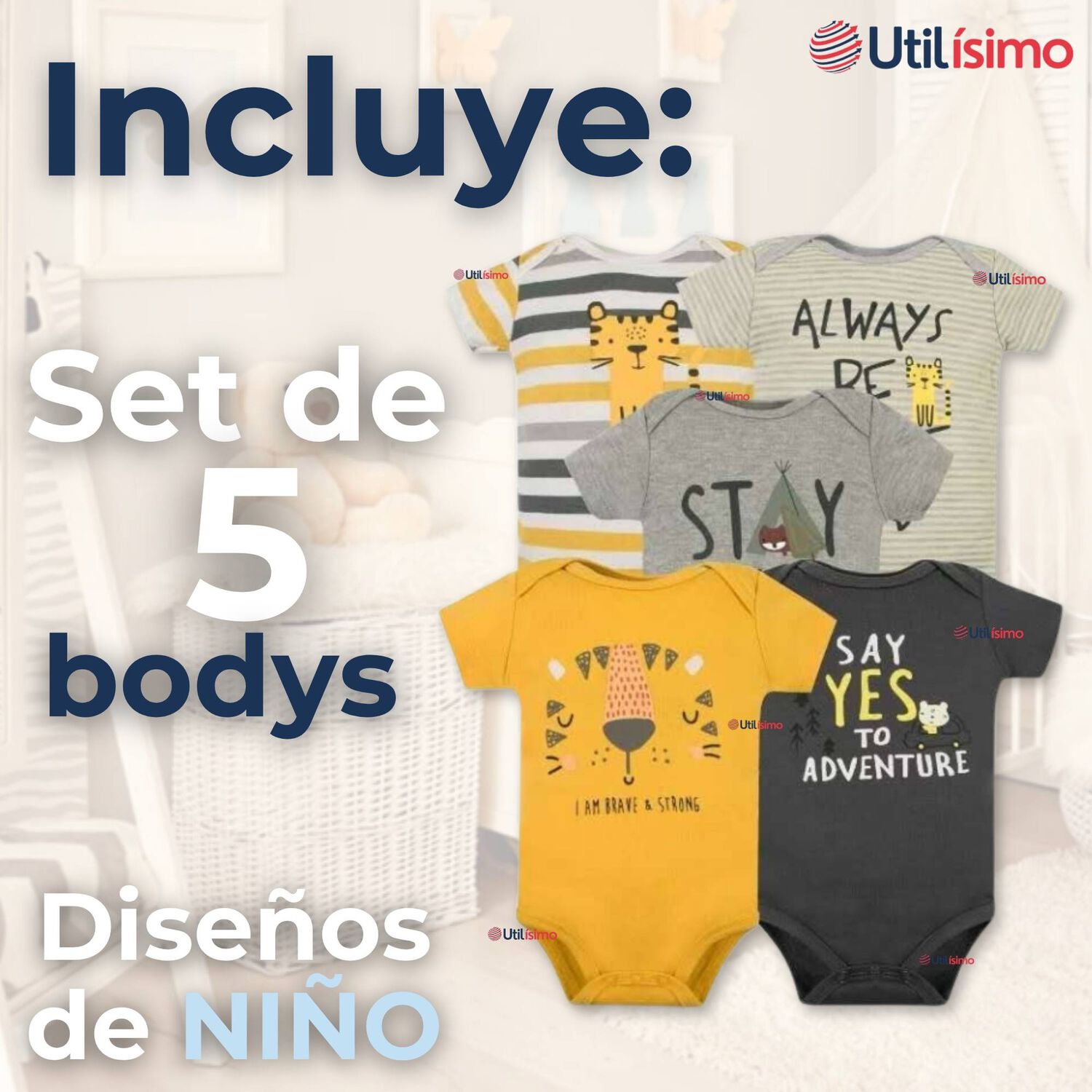 Pack 5 Bodys Ni&ntilde;o Manga Corta Tedmimak 100% Algod&oacute;n Baby Tiger image number 1.0