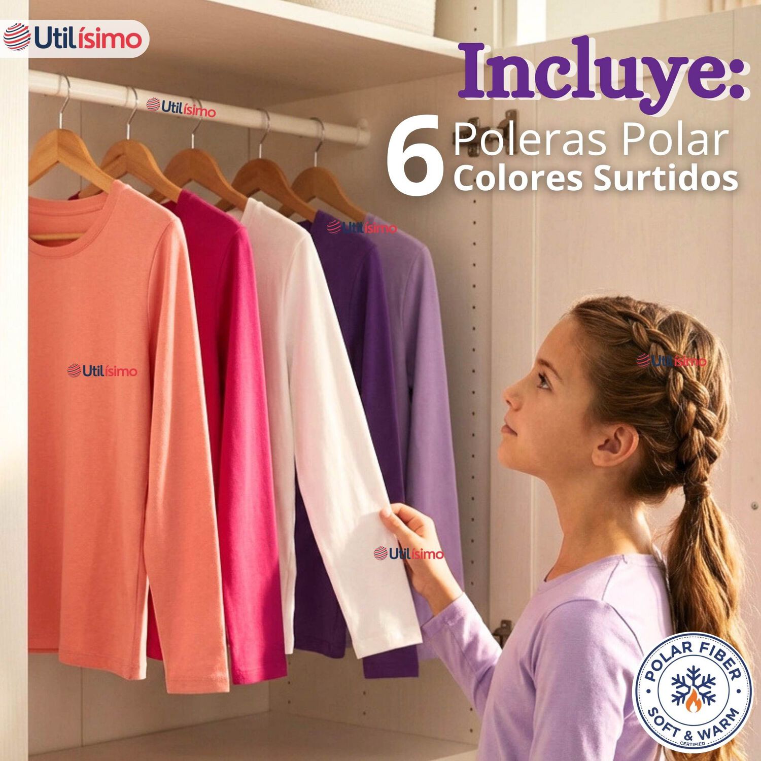 Pack 6 Poleras Camisetas Polar Primera Capa Cuello Redondo Manga Larga Colores Surtido Ni&ntilde;a image number 1.0