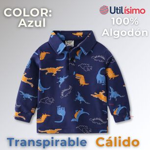 Polera Piqu&eacute; Manga Larga Ni&ntilde;o Con Estampado De Dinosaurios Azul