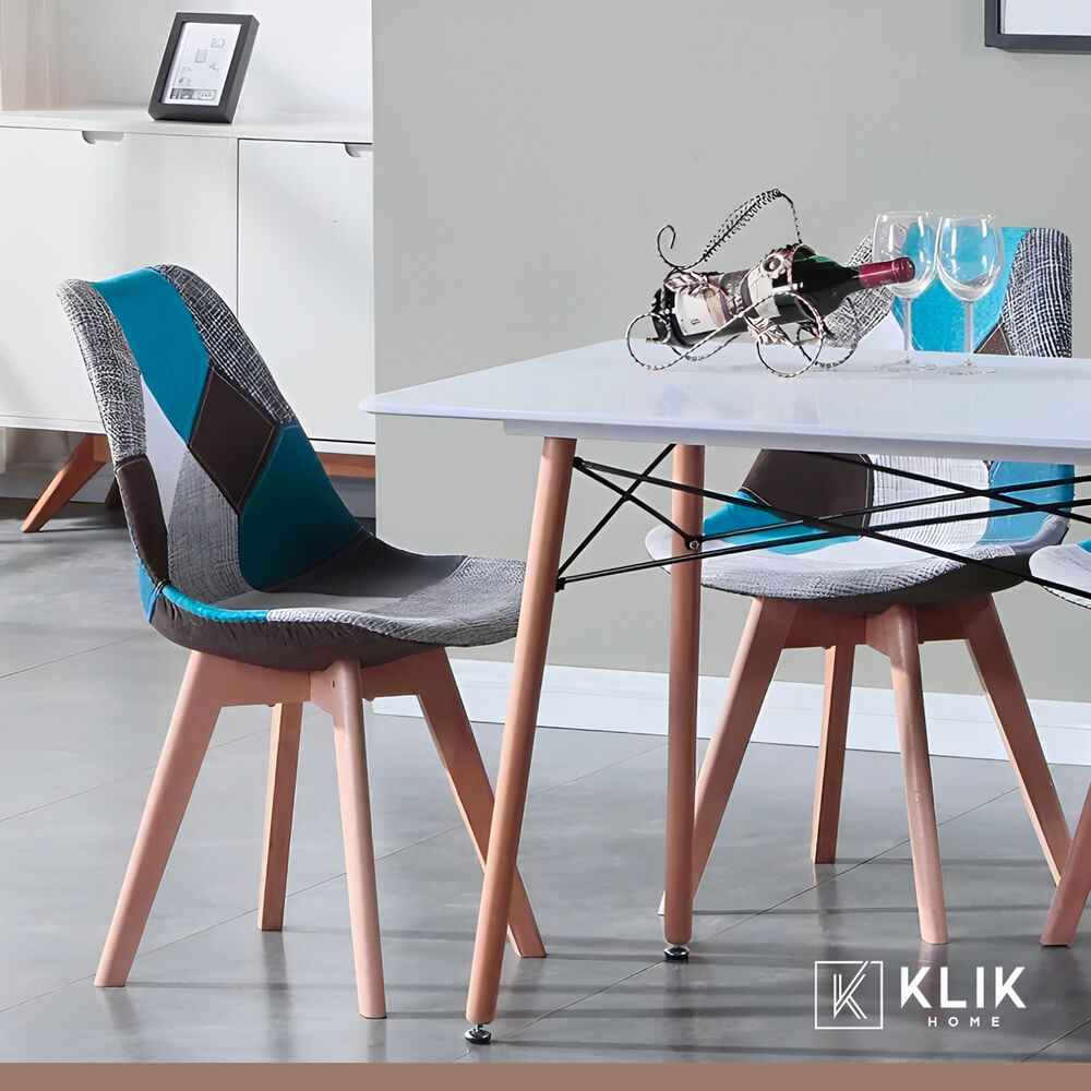 Pack De 4 Sillas Eames Patchwork Acolchada Tela Wood - Celeste image number 1.0