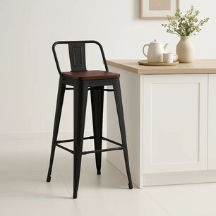 Taburete Tolix Negro Con Respaldo Para Bar O Terraza - Asiento De Madera Oscura Walnut