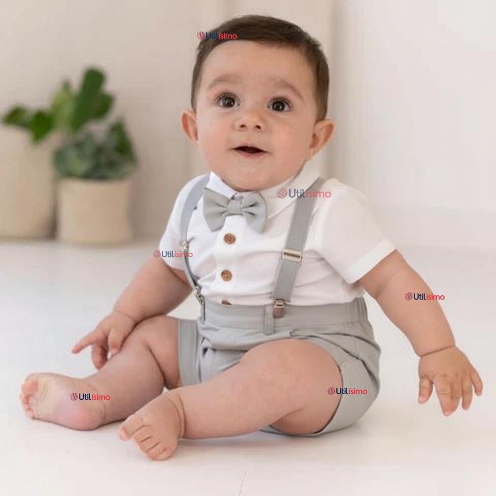 Conjunto De Vestir Con Tirantes Camisa Pantalón Corto Algodón Bebé Gris image number 0.0