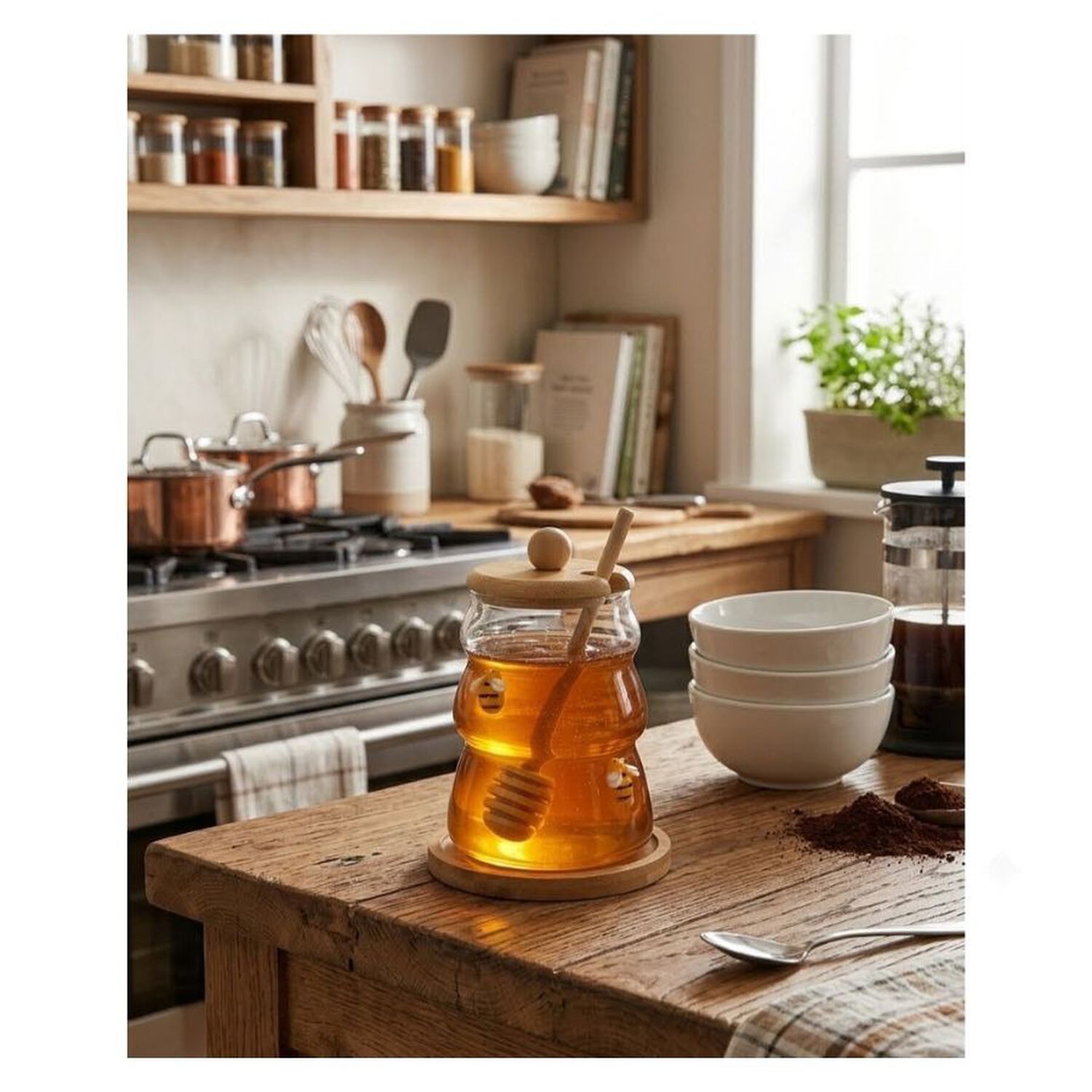 Frasco Miel Vidrio Forma Colmena Tapa Base Bamb&uacute; Dipper Abejas Decorativas image number 2.0