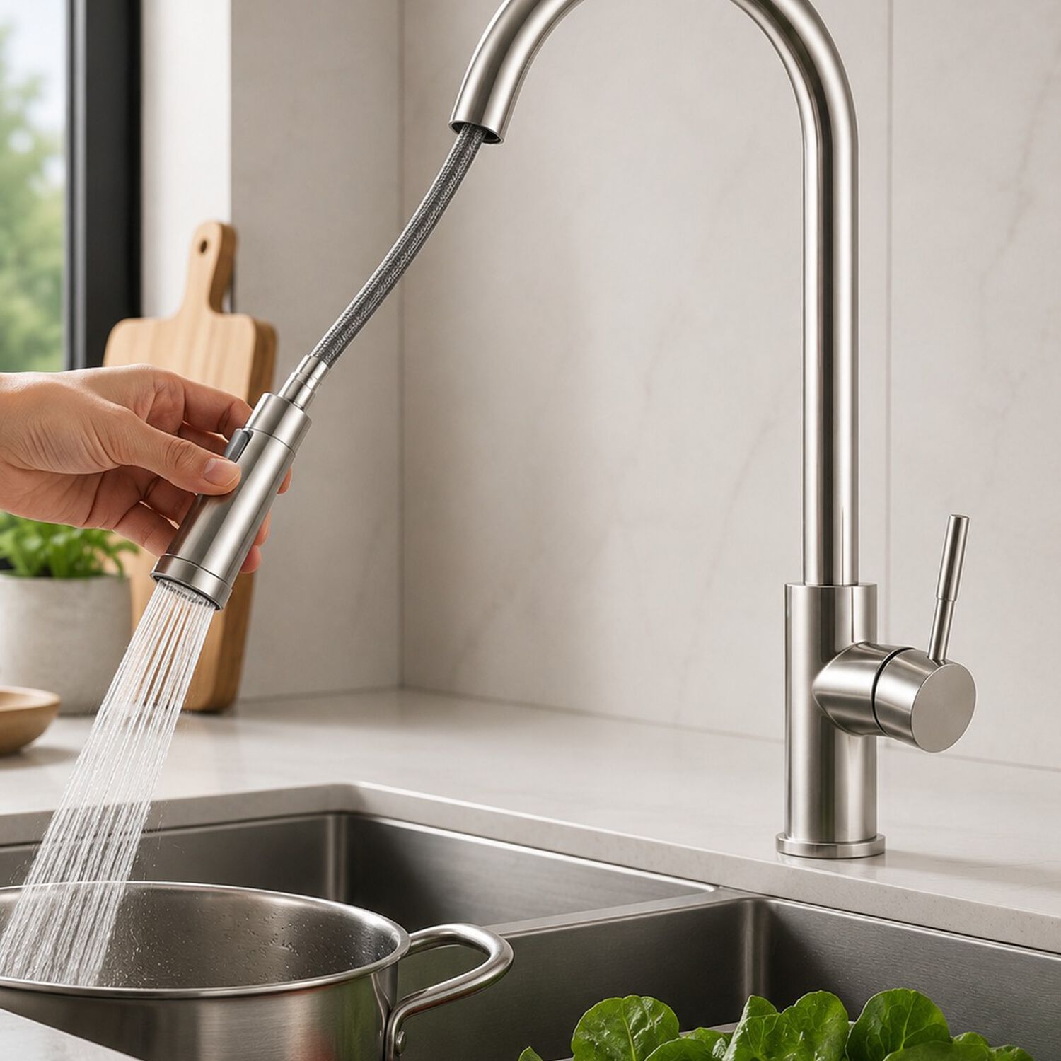 Monomando Llave Grifo Extraible Para Lavaplatos Modelo Modern Inox Marca Taumm Color Acero Inox image number 0.0