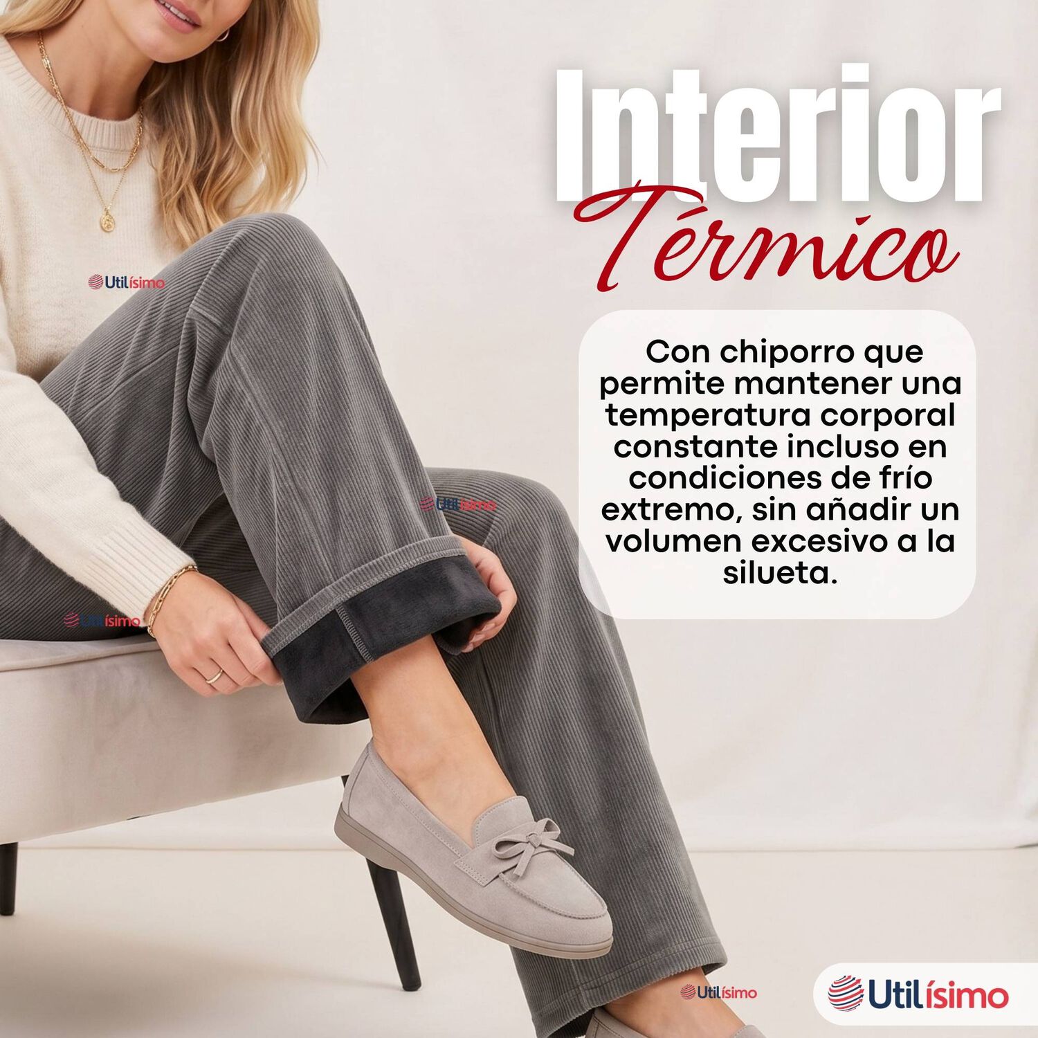 Pantal&oacute;n Cotel&eacute; Palazzo Polar Con Chiporro Elasticado T&eacute;rmico Gris Melange image number 4.0