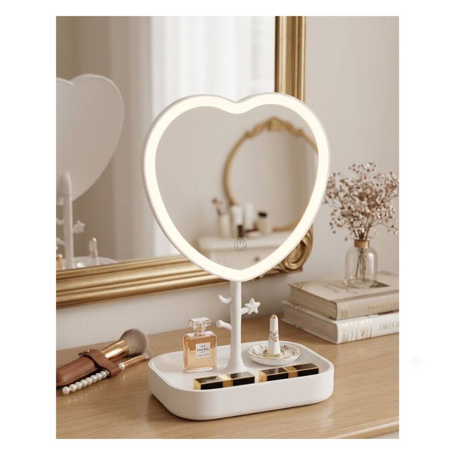 Espejo Maquillaje Led Coraz&oacute;n Blanco Con Base Organizadora Usb image number 3.0