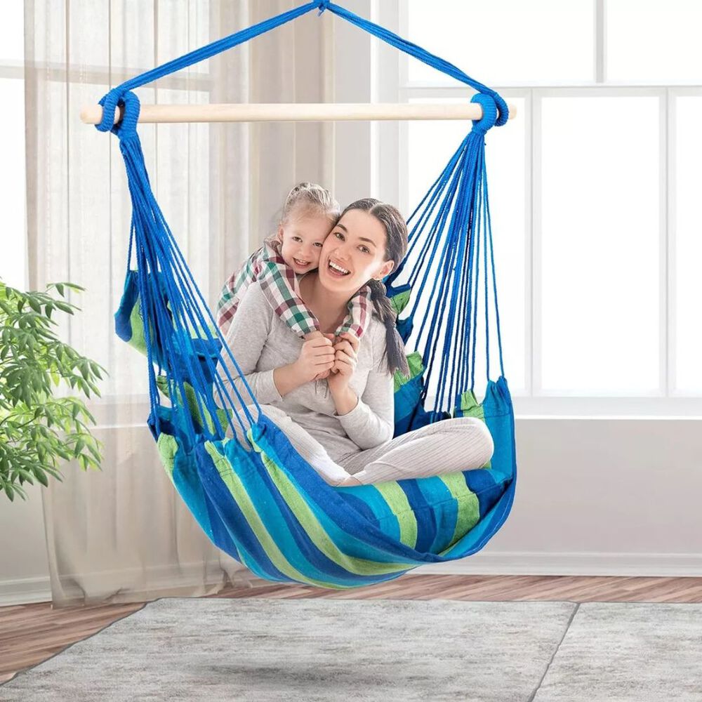 Silla Hamaca Colgante Columpio Con Dos Almohadas Para Jardin Azul Verde image number 5.0