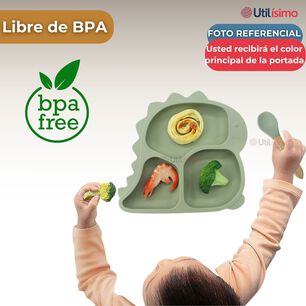 Set De Alimentaci&oacute;n Beb&eacute; Silicona 5 Piezas Dinosaurio Libre Bpa Color Beige