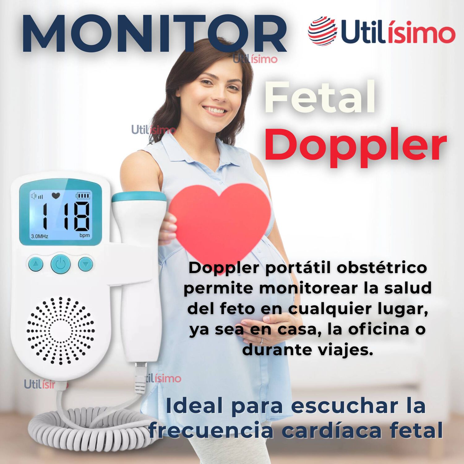 Monitor Fetal Doppler Latidos Fetales Coraz&oacute;n Beb&eacute; Blanco Azul image number 1.0