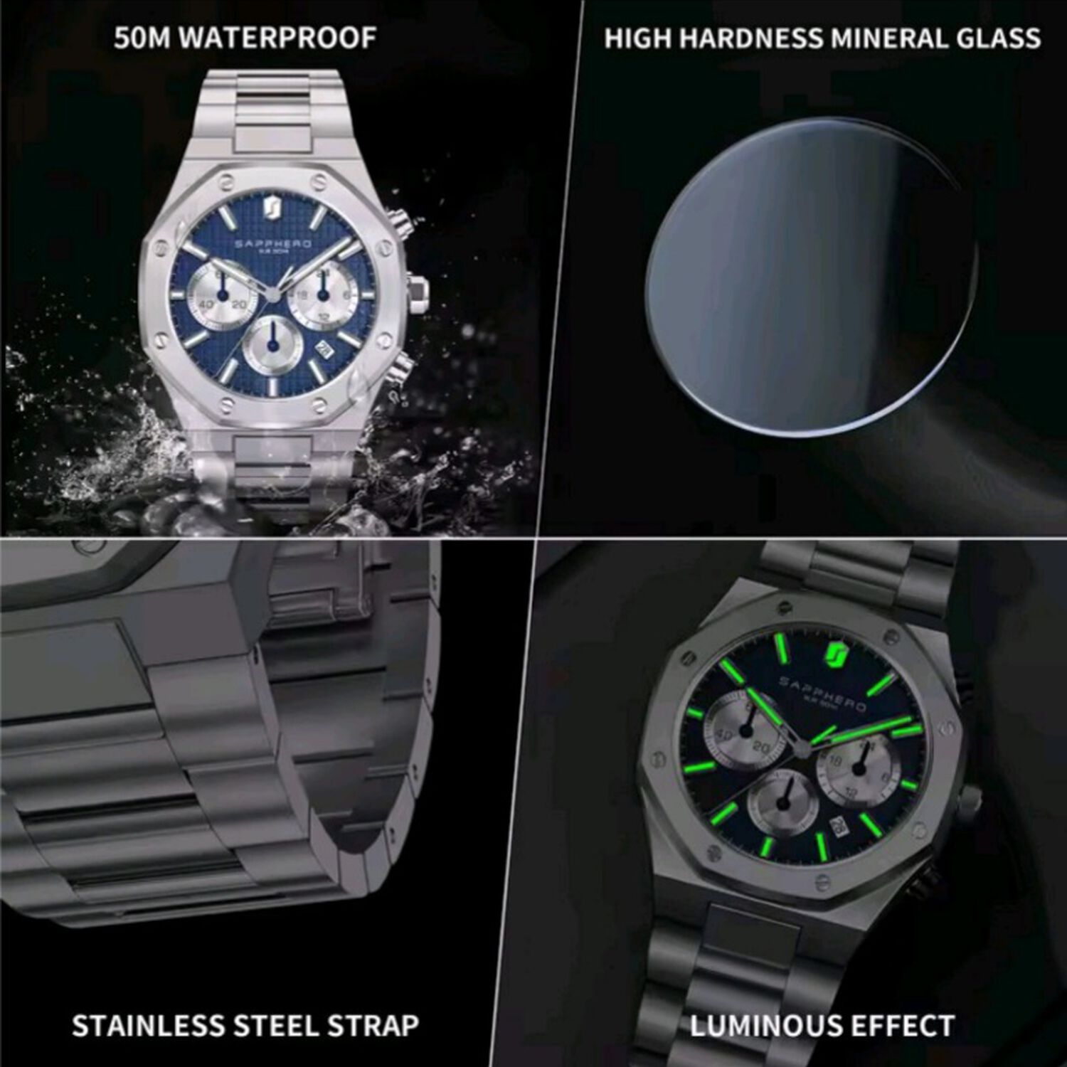 Reloj Sapphero Hombre Cronografo Acero Inoxidable Cuarzo image number 3.0