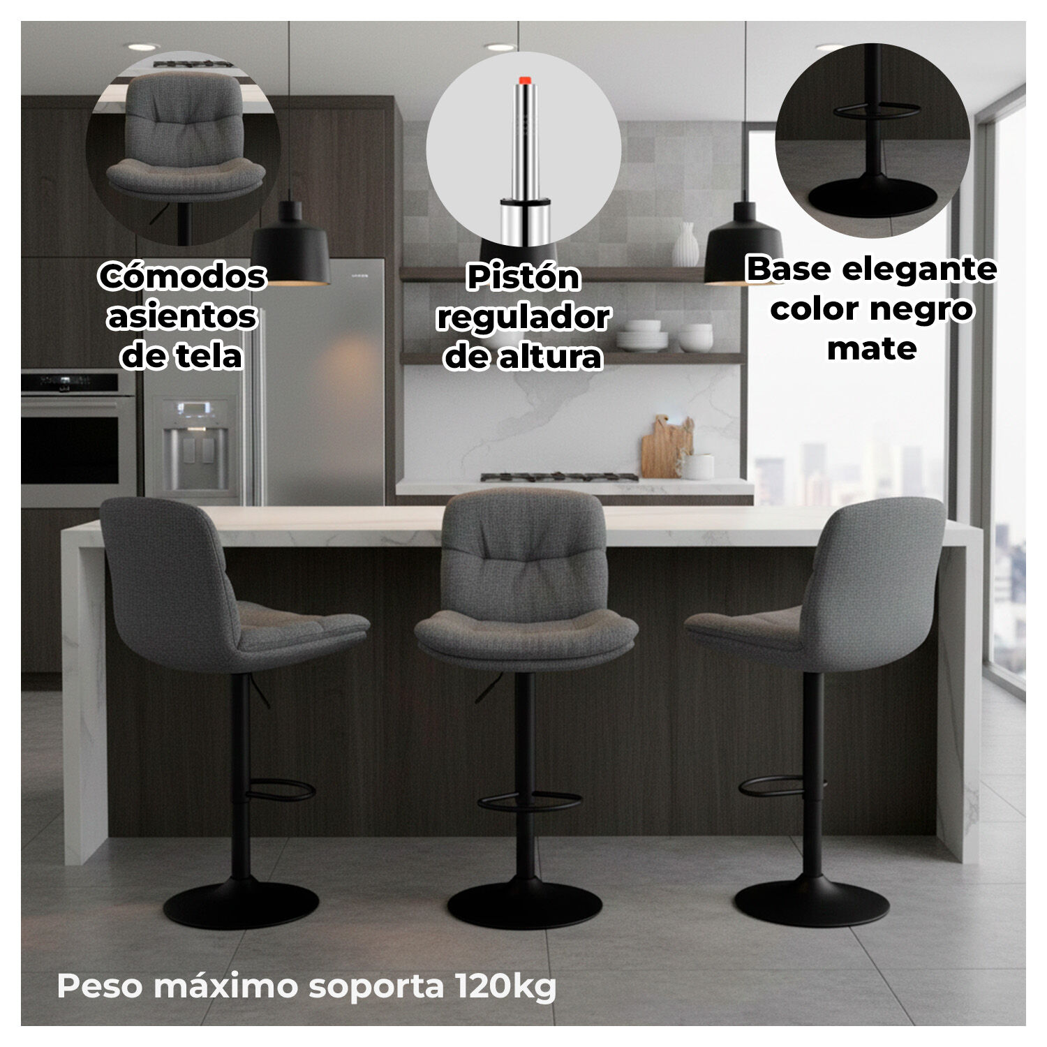 Silla De Bar Ajustable Base Negra Y Tela Estilo N&oacute;rdico image number 1.0
