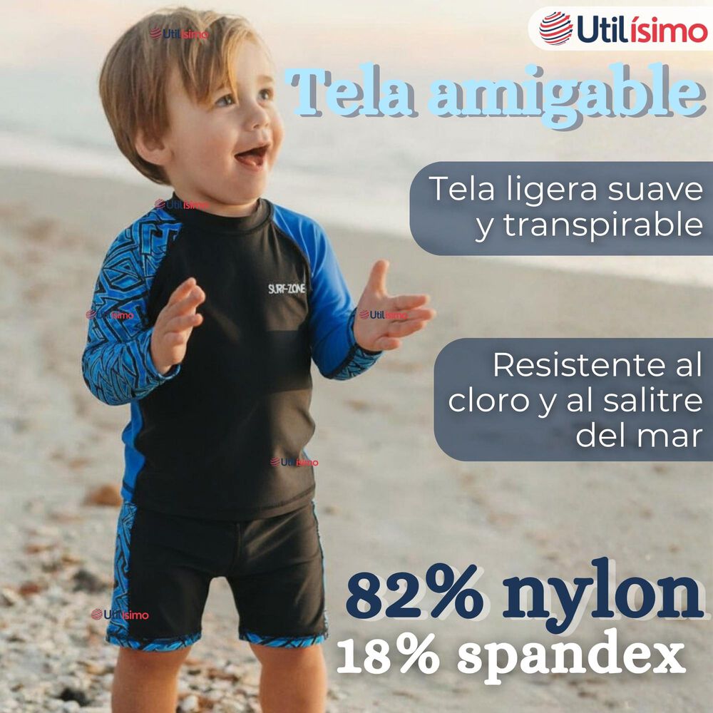 Traje De Ba&ntilde;o Manga Larga Pantal&oacute;n Corto 2 Piezas Corte Split Ni&ntilde;o 3 A 11 A&ntilde;os Black image number 3.0