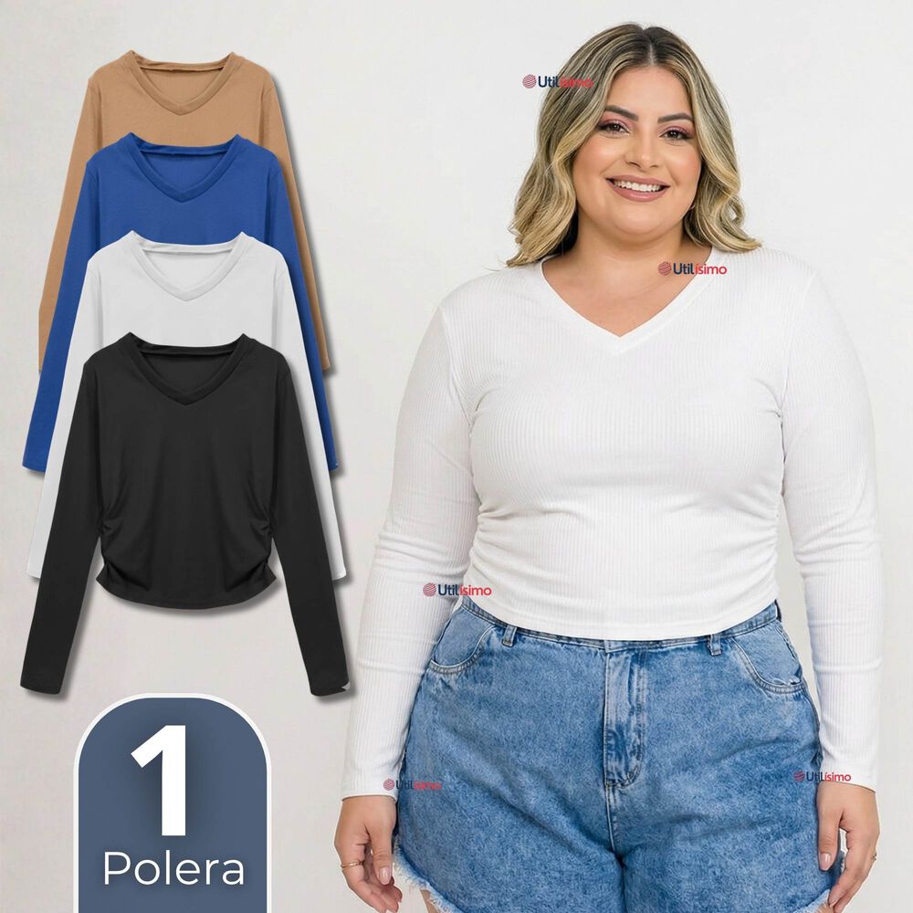 Camiseta Polar Polera Cuello V Mujer Manga Larga Tela Acanalada Colores Surtidos image number 0.0