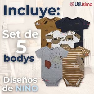 Pack 5 Bodys Ni&ntilde;o Manga Corta Tedmimak 100% Algod&oacute;n Dino Roar