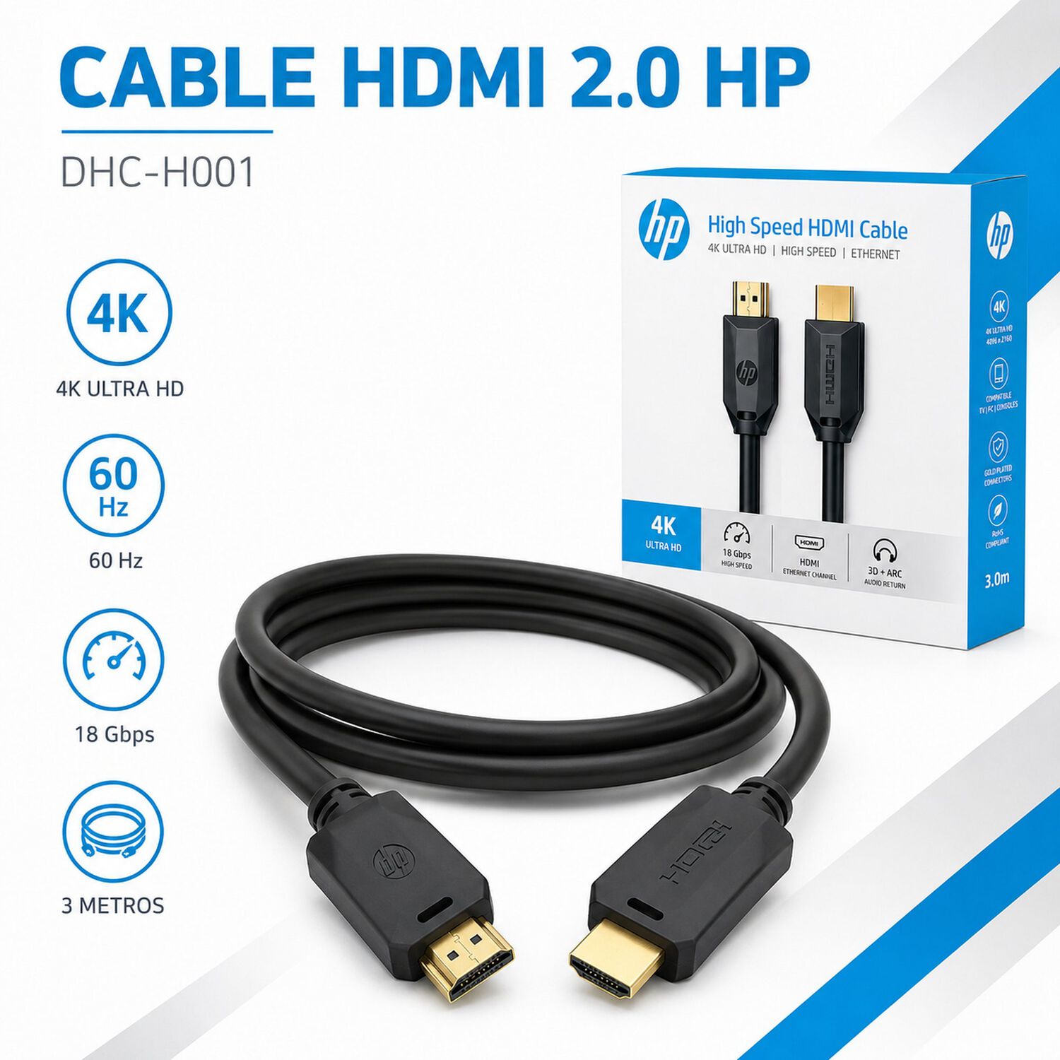 Cable Hdmi 2.0 Hp 4k High Speed 18 Gbps 3 Metros Dhc-h001 image number 4.0