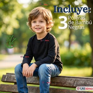 Pack 3 Poleras Camisetas Bamb&uacute; Negra Cuello Redondo Primera Capa Manga Larga Ni&ntilde;o