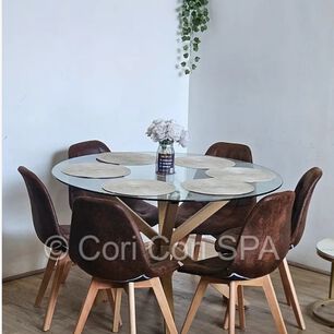 Comedor Warwick 120cm + 6 Sillas Capitonne Ecocuero Vintage Cafe
