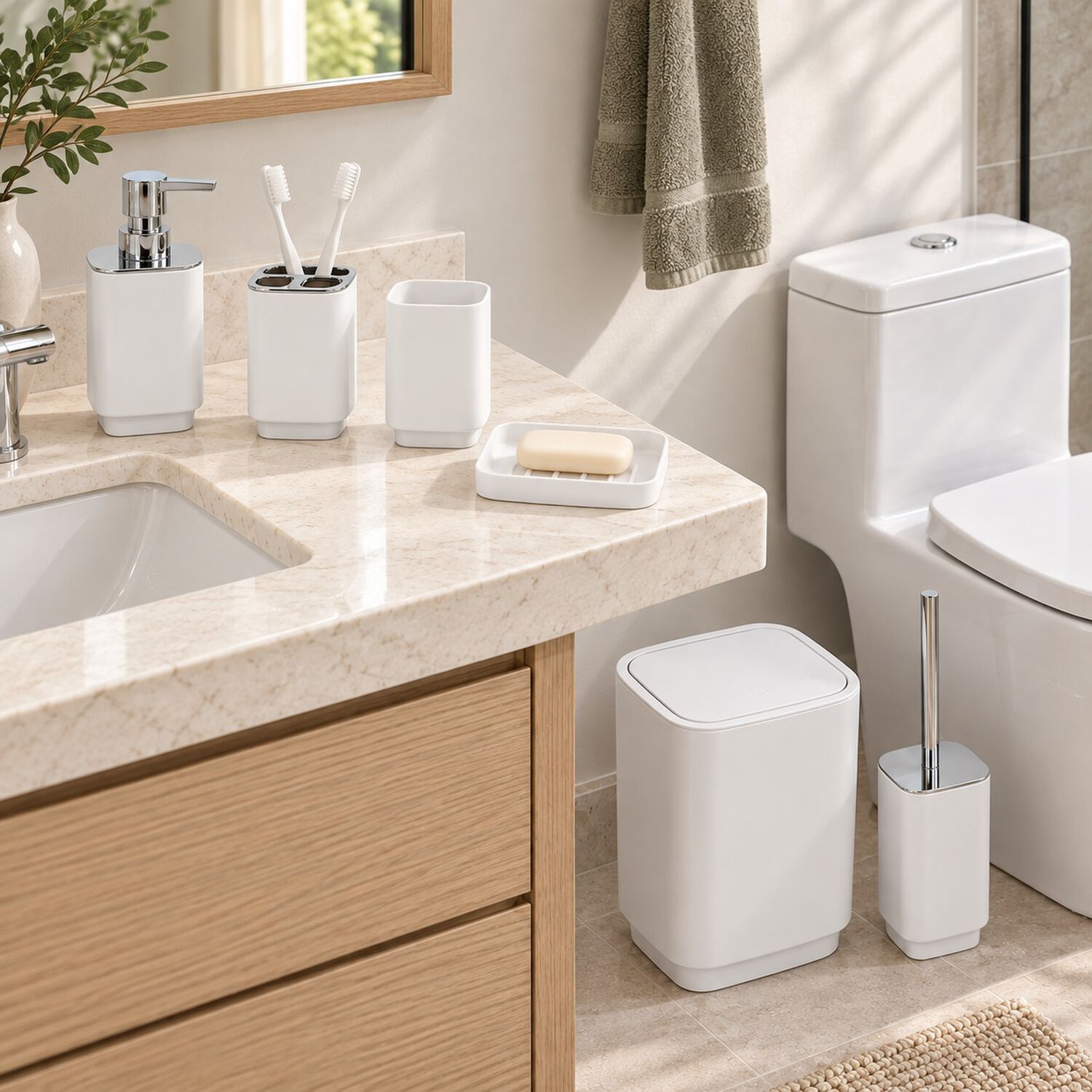 Set De Ba&ntilde;o Completo 6 Piezas De Abs Con Basurero Dispensador Y Escobilla Color Blanco image number 2.0