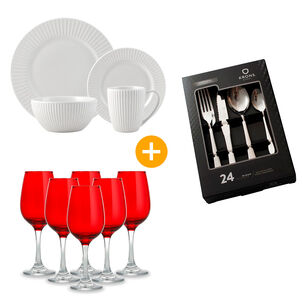 Combo Juego de Vajilla Belle Noite Zara + Set de Copas Azhome + Cubiertos de Mesa Krons